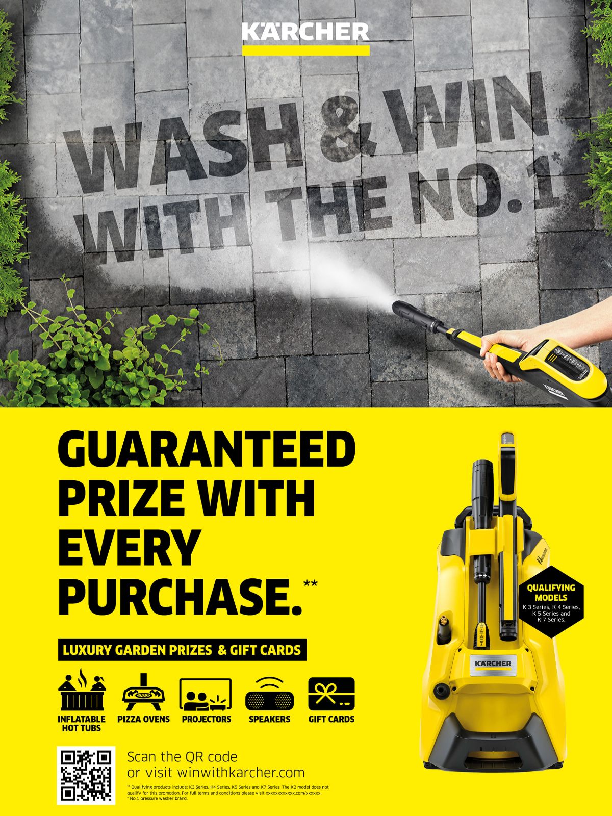image of someone cleaning the ground revealing "WASH & WIN WITH THE NO.1". Below including a advert showing a photo of the product used and stating "guaranteed prize with every purchase" including a QR code to see more.